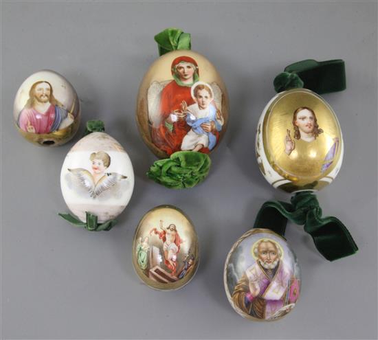 Six Russian porcelain Easter eggs depicting Orthodox Church figures, late 19th/early 20th century, 5.5 - 8.5cm, some wear